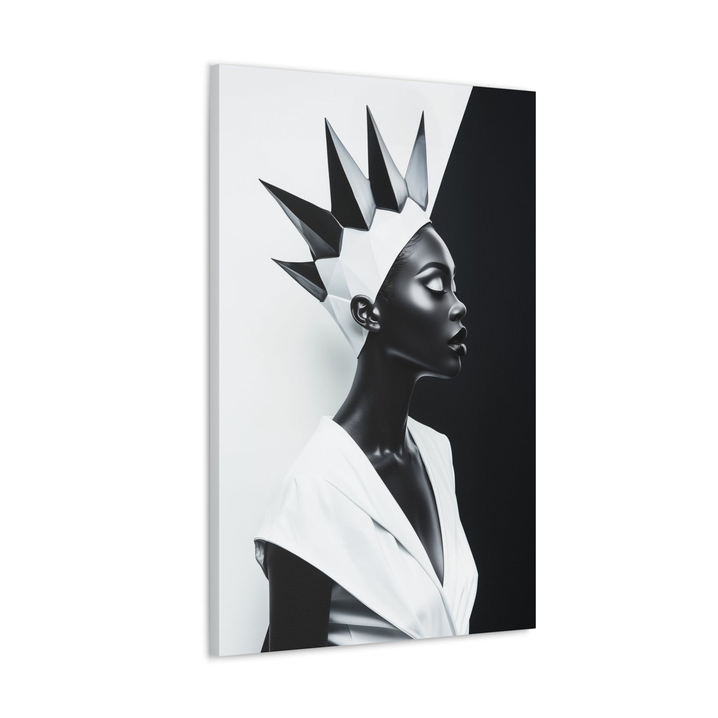 Vertical-oriented wall art: "Majestic Symmetry II" A striking portrait of a modern Black queen with a sharp geometric crown, set against a bold monochromatic background. The artwork highlights her regal elegance and symmetry, blending contemporary design with timeless sophistication.