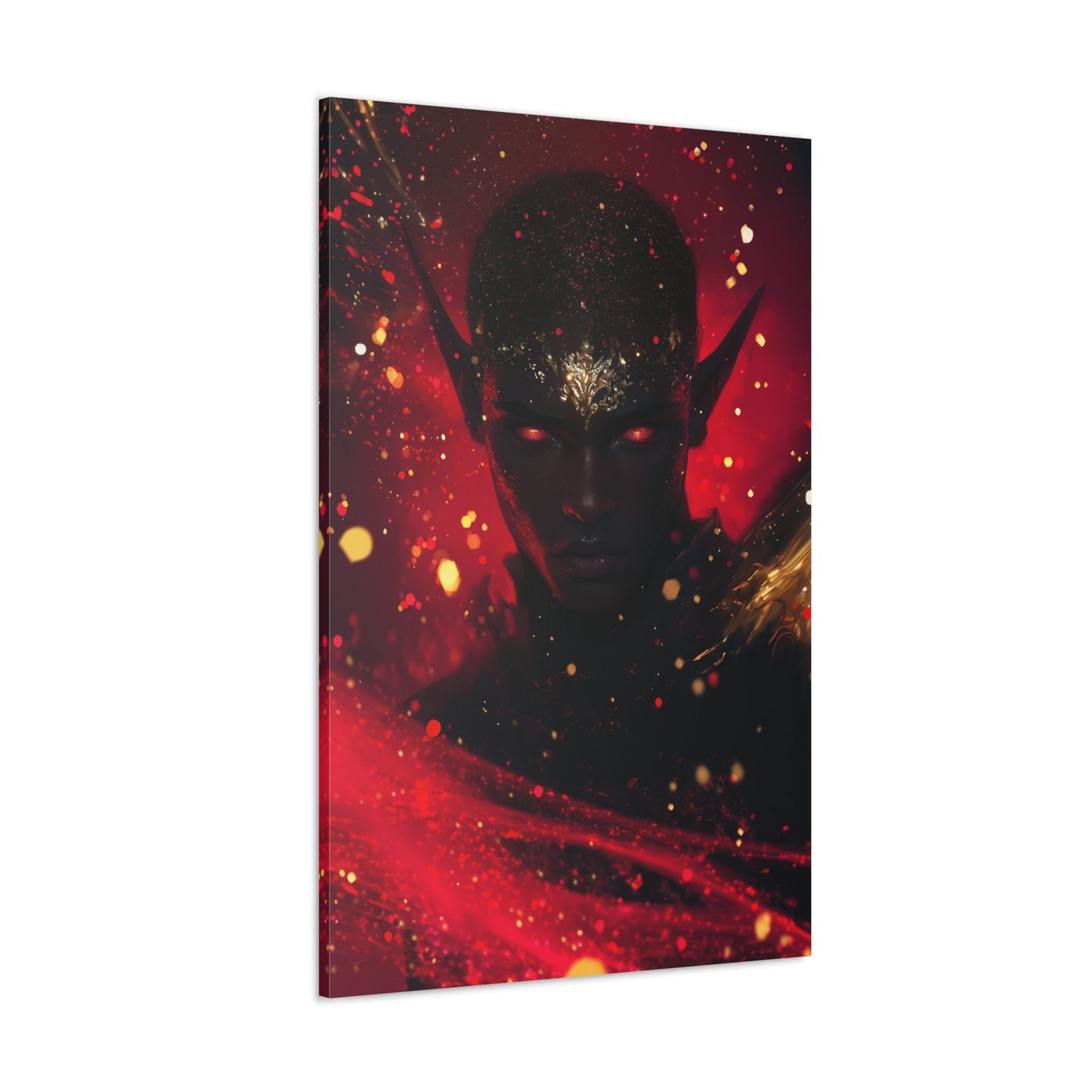 Horizontal-oriented wall art: "Obsidian Elegance" A striking portrait of a black elf with glowing red eyes and intricate gold accents adorning their forehead, set against a fiery background of vibrant red and gold hues. The artwork radiates an aura of power, mystery, and elegance, capturing the essence of ethereal beauty.