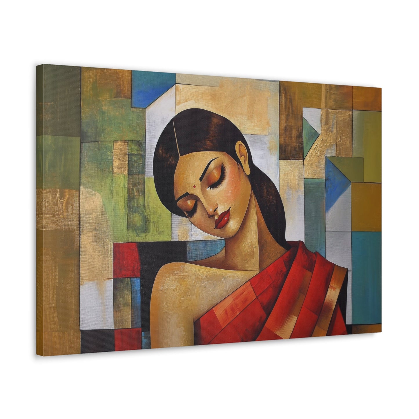 Horizontal-oriented wall art: "Fractured Grace." An Indian woman in traditional attire is depicted in a Cubist style, her contemplative expression framed by geometric shapes and bold colors of red, green, and gold. The textured background and soft dramatic lighting create an elegant and serene composition.