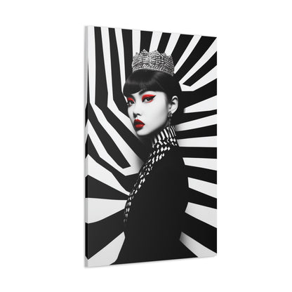 Vertical-oriented wall art: "Empress of Symmetry II" A striking portrait of an elegant Asian queen wearing a jeweled crown, set against a dynamic black-and-white geometric background with vivid red accents. This bold artwork combines regal sophistication with modern design, showcasing a captivating fusion of power and beauty.