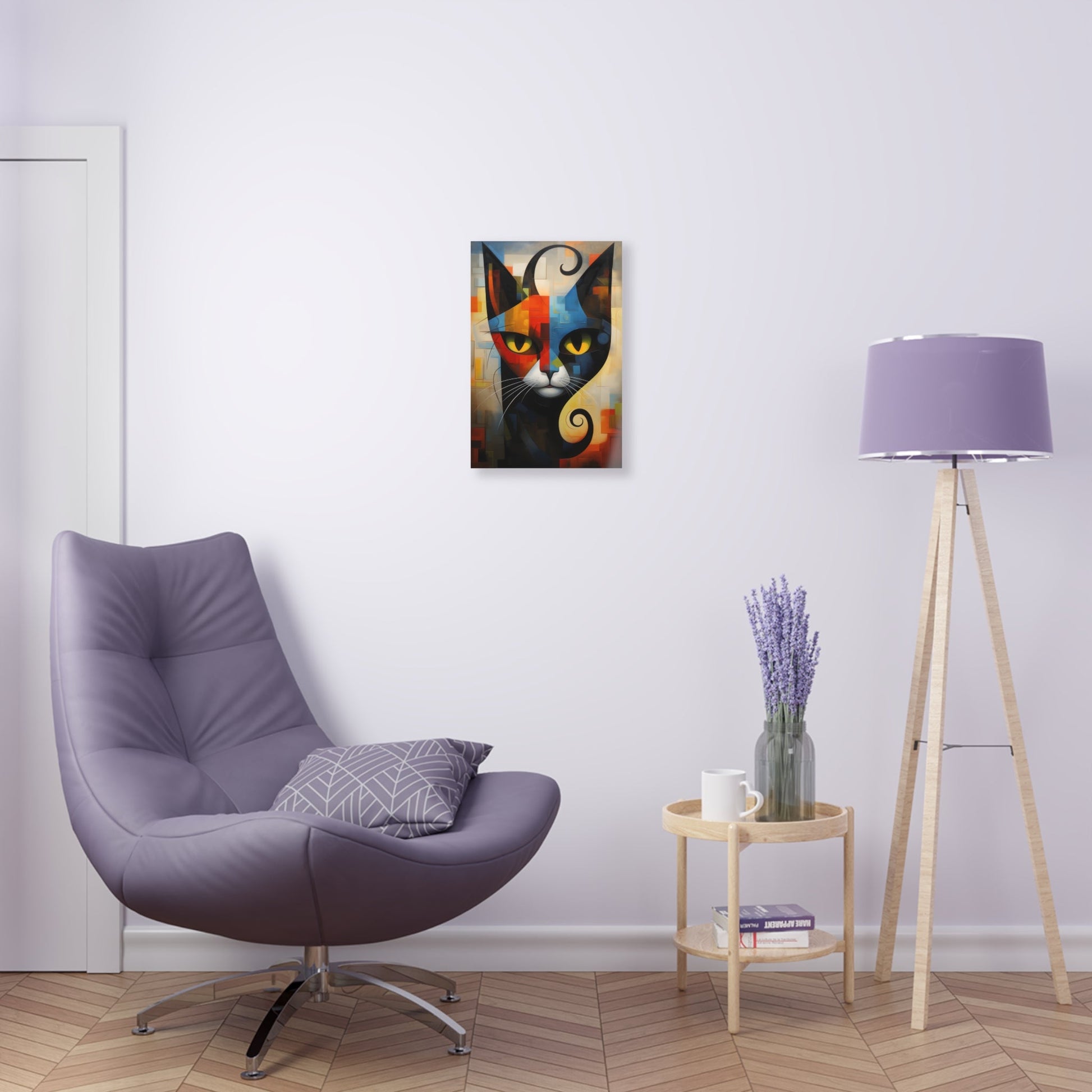 Vertical-oriented wall art: A vibrant cubist-style portrait of a cat, featuring a geometric composition with bold shapes and colors. The cat's eyes are bright yellow, set against a dynamic background of intersecting blocks in shades of red, blue, orange, and yellow.