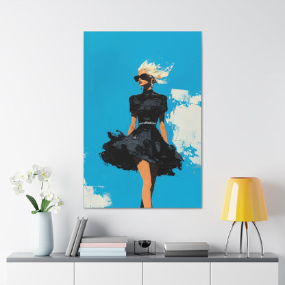 Vertical-oriented wall art: "Black Enigma II." A confident woman walks gracefully in a textured black dress, her wind-blown hair illuminated against a vibrant cerulean sky. The bold palette knife technique and striking contrasts emphasize empowerment and elegance.