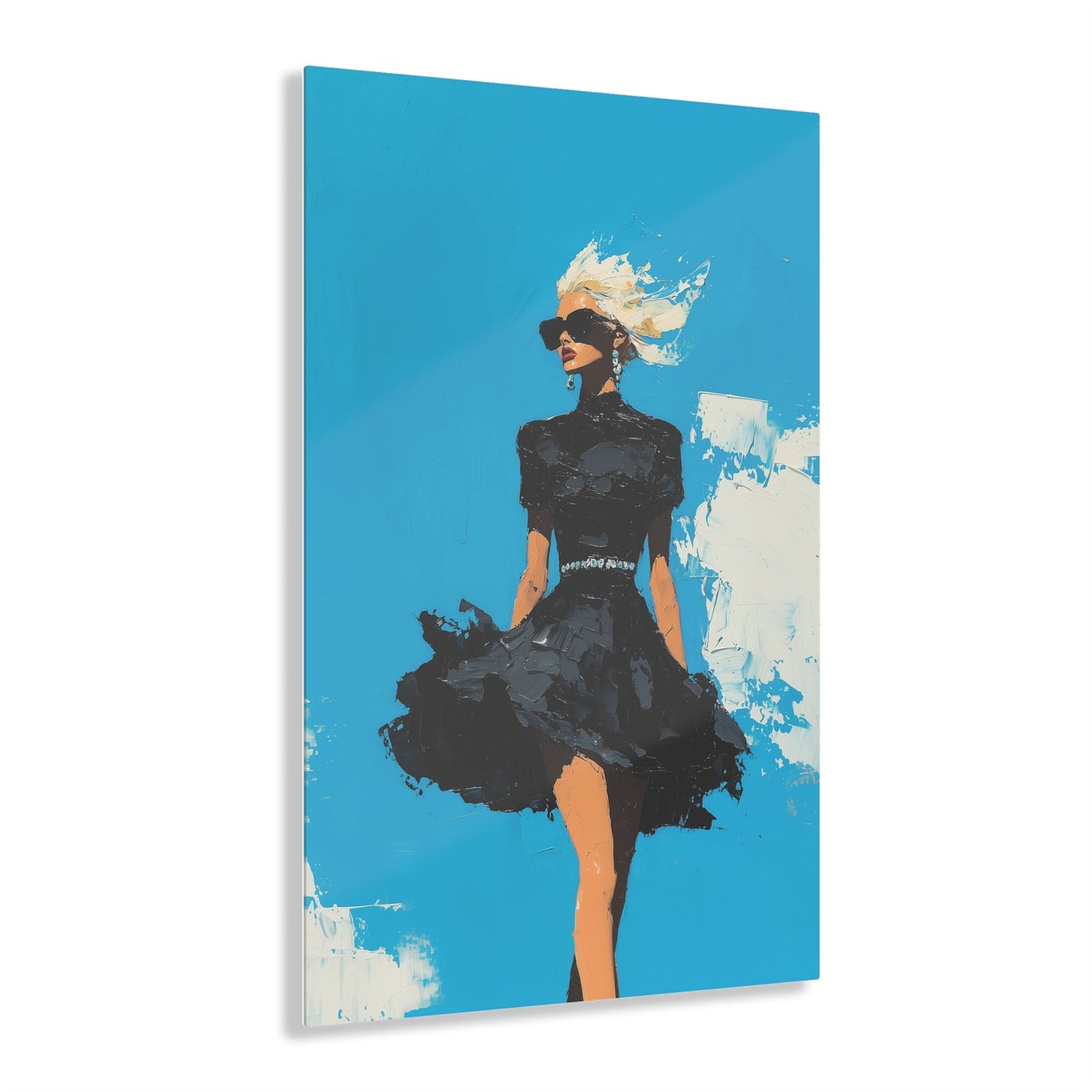 Vertical-oriented wall art: "Black Enigma II." A confident woman walks gracefully in a textured black dress, her wind-blown hair illuminated against a vibrant cerulean sky. The bold palette knife technique and striking contrasts emphasize empowerment and elegance.