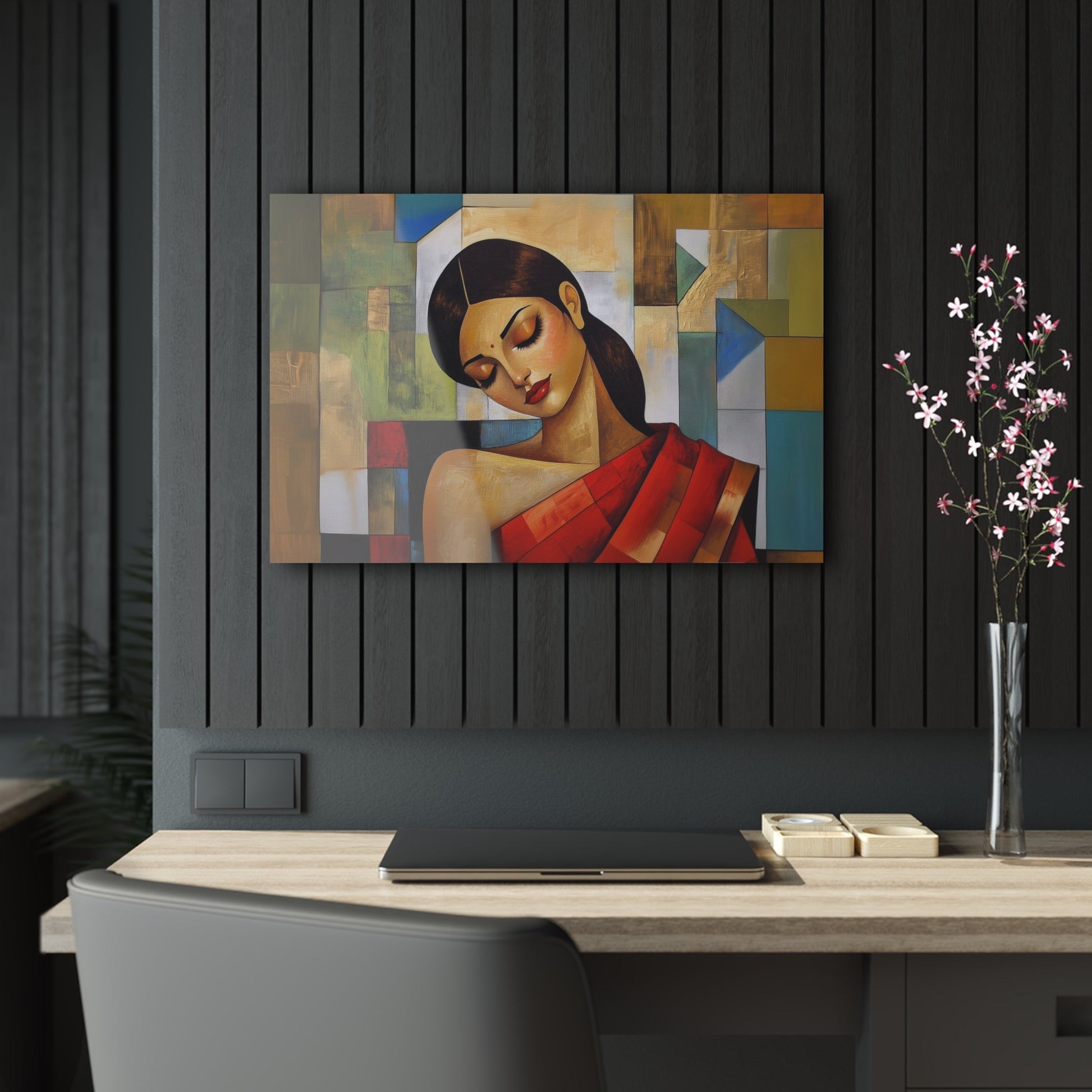 Horizontal-oriented wall art: "Fractured Grace." An Indian woman in traditional attire is depicted in a Cubist style, her contemplative expression framed by geometric shapes and bold colors of red, green, and gold. The textured background and soft dramatic lighting create an elegant and serene composition.