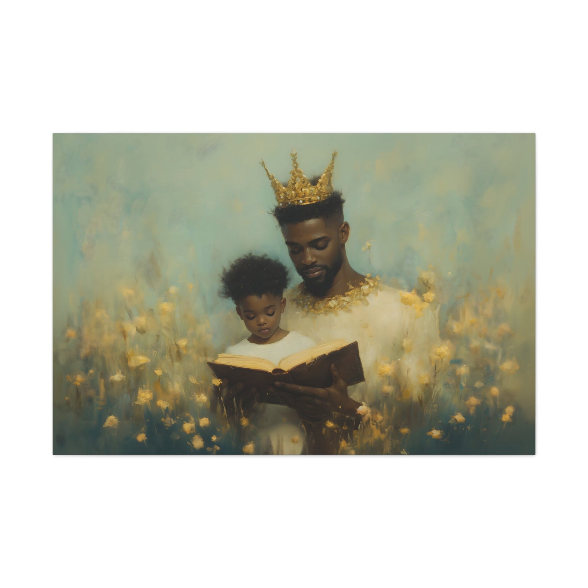 Horizontal-oriented wall art: A kingly father reads to his princely son, both adorned with crowns symbolizing the value of education. The painting features a magical realism style with whimsical elements, emphasizing the importance of knowledge and the bond between generations.