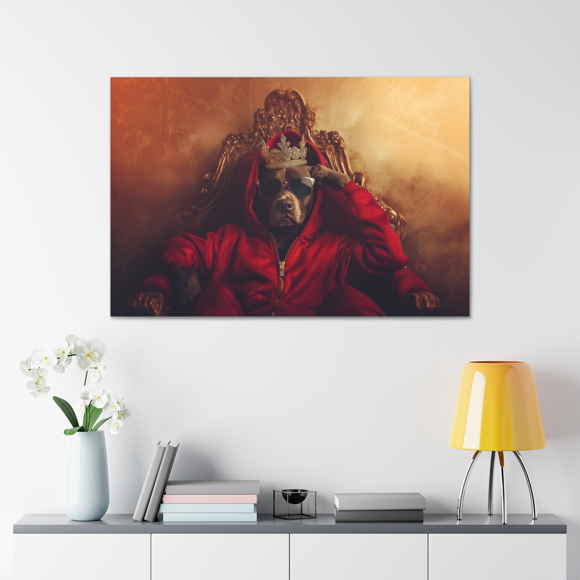 Horizontal-oriented wall art: "Crowned Companion" A regal dog sits on an ornate golden throne wearing a crown, sunglasses, and a red hoodie, exuding confidence and charm. This playful artwork combines luxury with a modern twist, celebrating the noble spirit of pets.