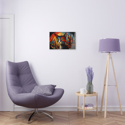 Horizontal-oriented wall art: A vibrant, abstract portrayal of a cat featuring dynamic angles and bold geometric shapes, rendered in rich, saturated colors. The composition captures the essence of the feline’s curiosity and grace, offering a modernist perspective on the animal world.