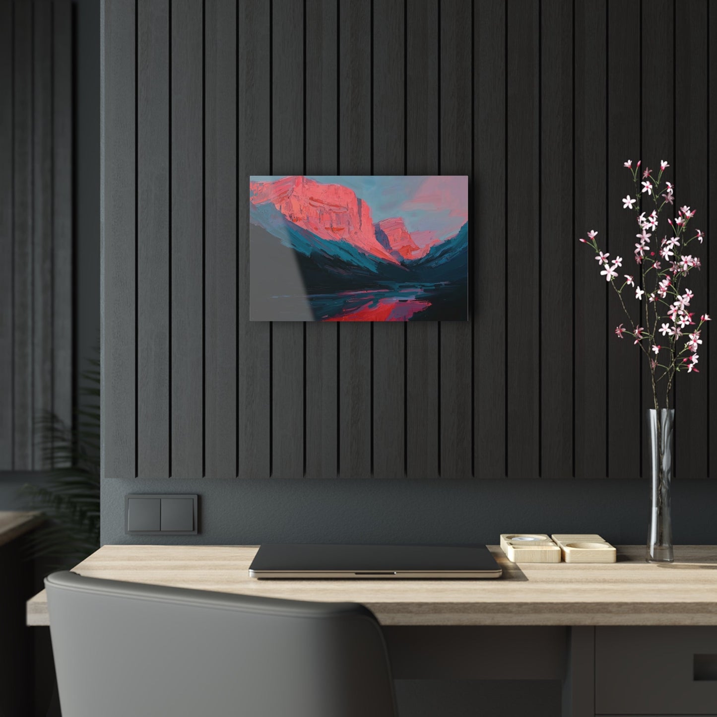 Horizontal-oriented wall art: "Timeless Peaks" Landscape artwork titled Timeless Peaks from the Bold Horizons collection, featuring vibrant crimson and pink mountains reflected in a tranquil lake. The piece highlights bold brushstrokes and a dynamic interplay of warm and cool colors, evoking majesty and serenity.