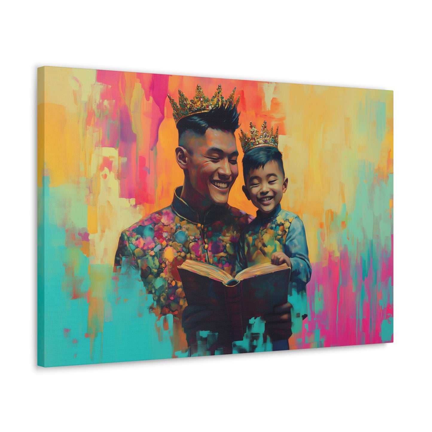 Horizontal-Oriented wall art: "Crowning Knowledge V" depicts a joyful father and son wearing golden crowns, smiling as they share a moment of reading together against a vibrant, abstract background of pinks, oranges, and blues. The artwork blends detailed portraiture with a playful, colorful backdrop, capturing the warmth and happiness of family bonds.