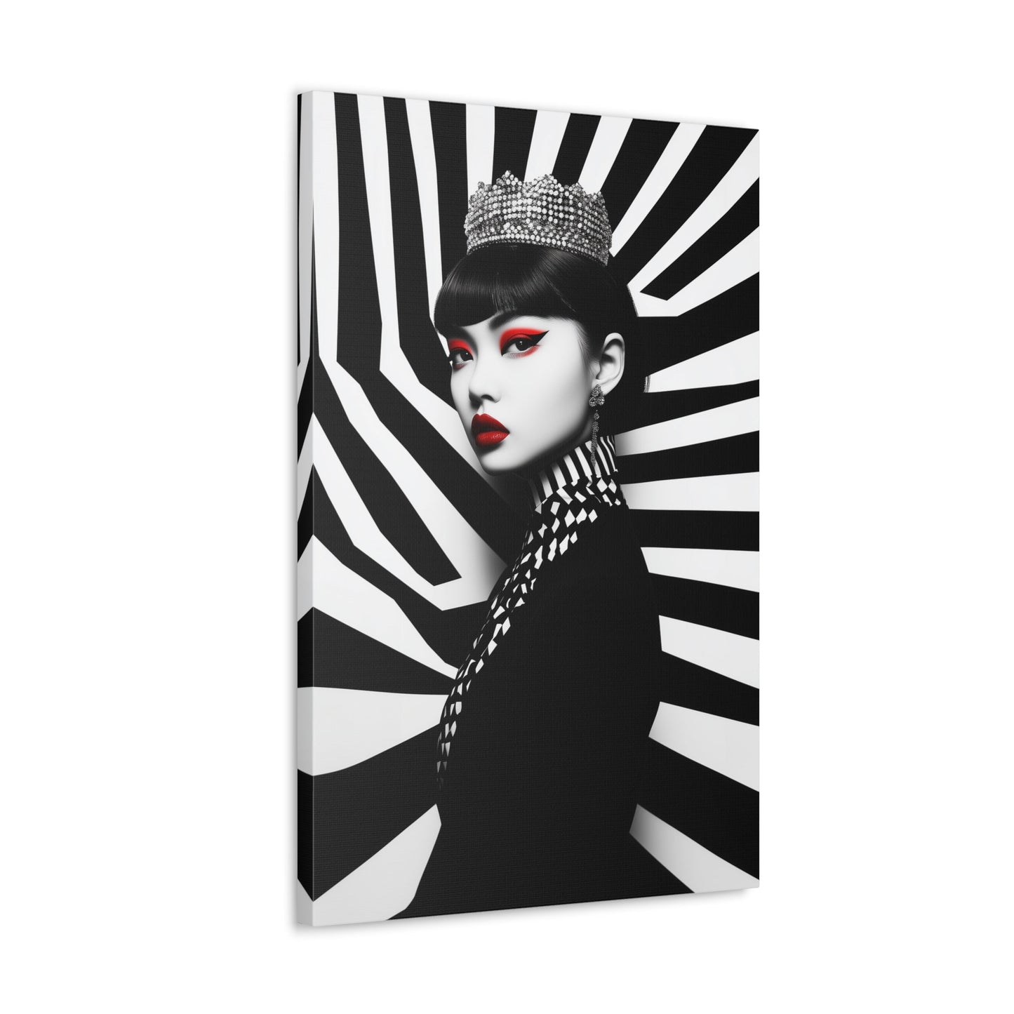 Vertical-oriented wall art: "Empress of Symmetry II" A striking portrait of an elegant Asian queen wearing a jeweled crown, set against a dynamic black-and-white geometric background with vivid red accents. This bold artwork combines regal sophistication with modern design, showcasing a captivating fusion of power and beauty.