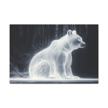 Horizontal-oriented wall art: "Glowing Guardian III" A luminous bear sits serenely in a dark forest, surrounded by a soft, glowing aura that illuminates its form. The ethereal light effect creates a mystical atmosphere, highlighting the bear's calm and protective presence against the shadowy background.