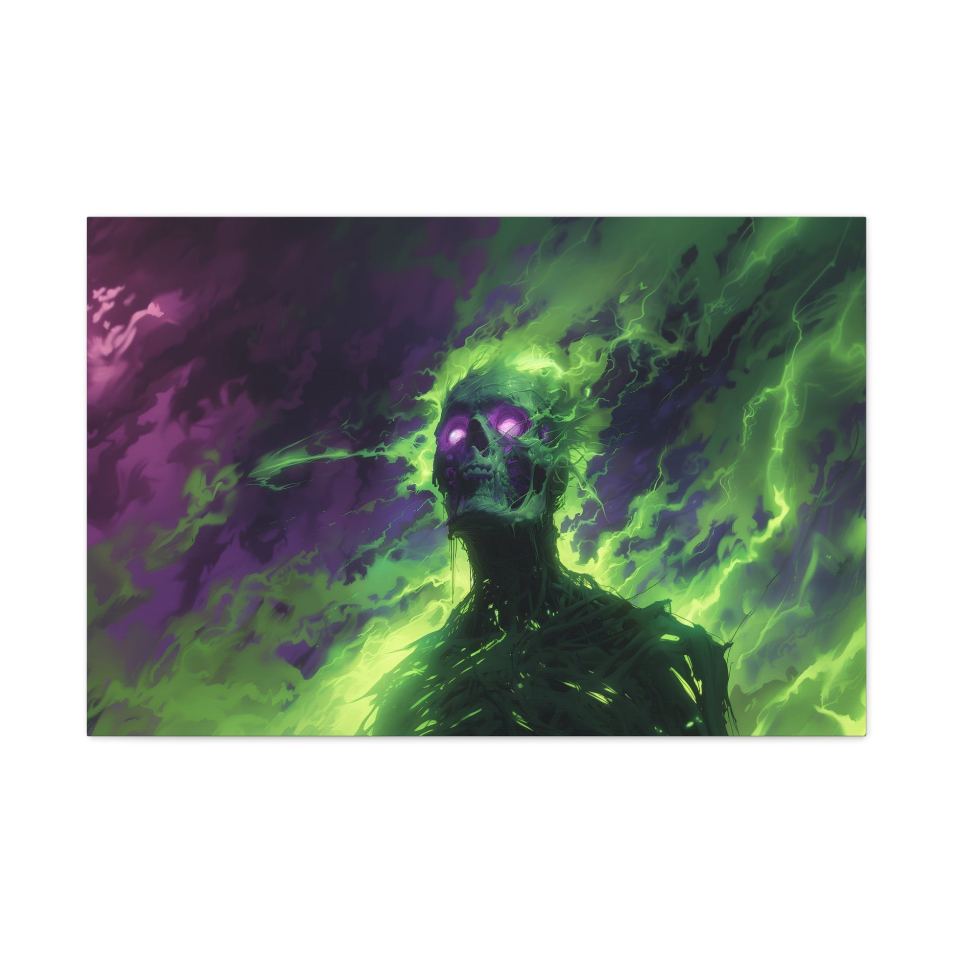 Horizontal-oriented artwork: An eerie illustration featuring a mystical lich with glowing eyes, surrounded by eldritch energies in shades of green and purple, against a dark, ominous background.