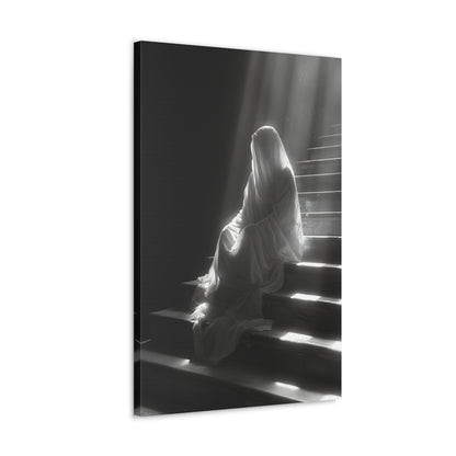 Vertical-oriented wall art: An eerie depiction of a ghostly apparition, its translucent form sitting on stairs, surrounded by a soft, ethereal glow.