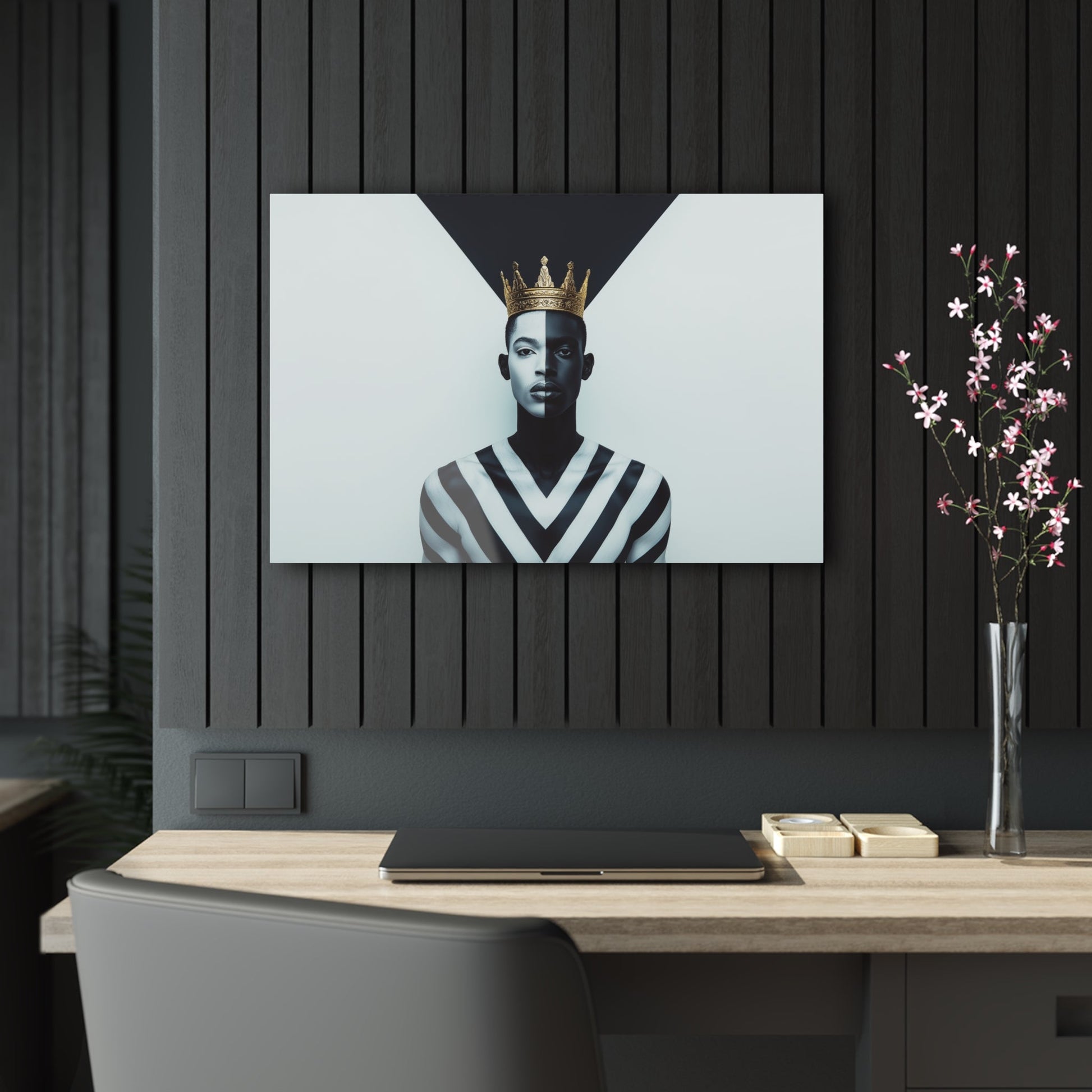 Horizontal-oriented wall art: "Crown of Dignity" A powerful portrait of a man wearing a golden crown, his face divided into bold black-and-white halves symbolizing balance and duality. The geometric background enhances the striking composition, blending regal elegance with modern precision.