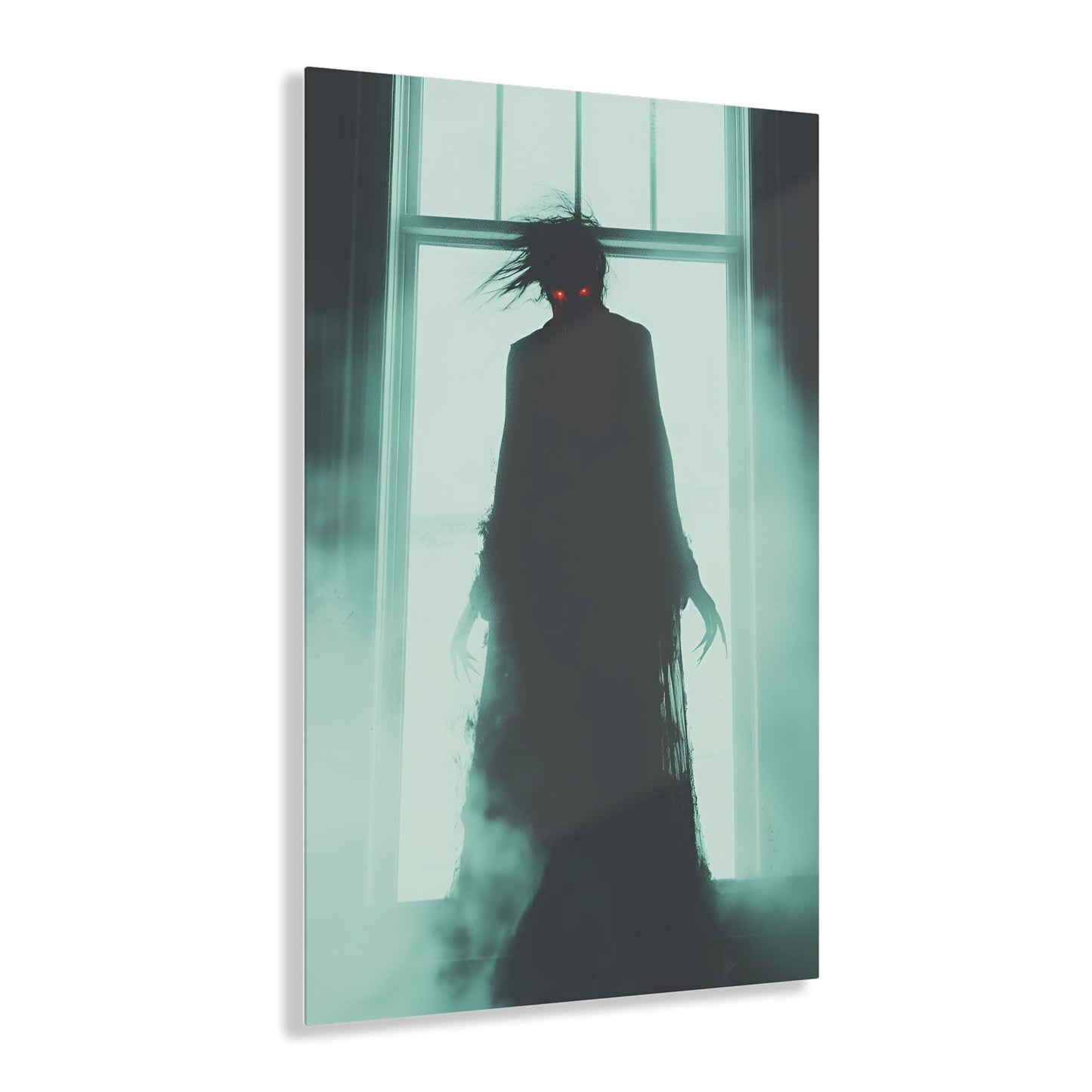 Vertical-oriented wall art: "Haunting Hunger II." A shadowy vampire figure with glowing red eyes stands in a mist-filled room, backlit by a bright window. The eerie atmosphere and chilling silhouette evoke a sense of supernatural dread and Gothic elegance.