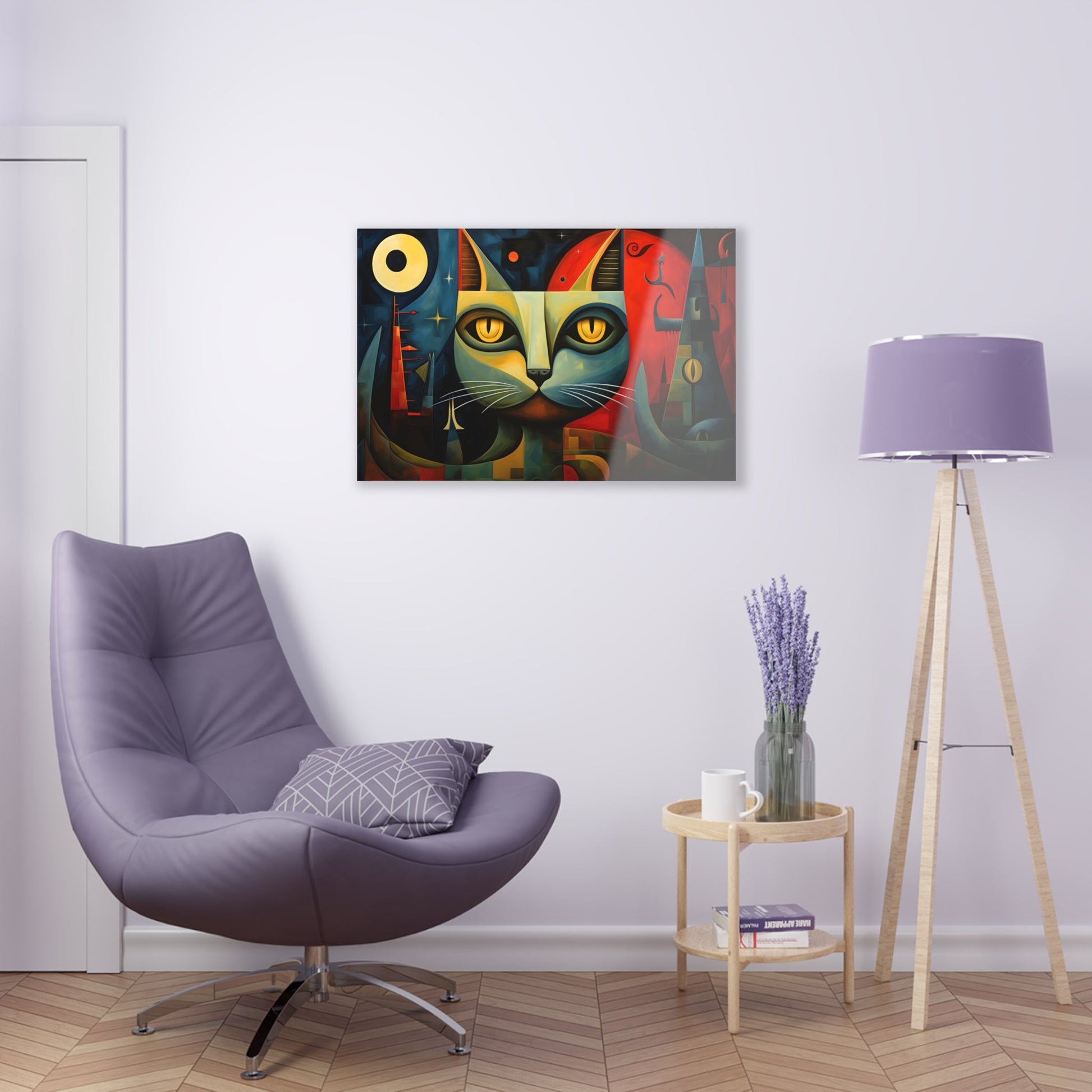 Horizontal-oriented wall art: A Cubist-inspired cat stares directly at the viewer, its eyes glowing with intensity against a backdrop of geometric shapes in deep blues, reds, and yellows. The abstract and surreal composition captures the feline's enigmatic nature, blending elements of modern art movements to create a vivid, otherworldly scene.