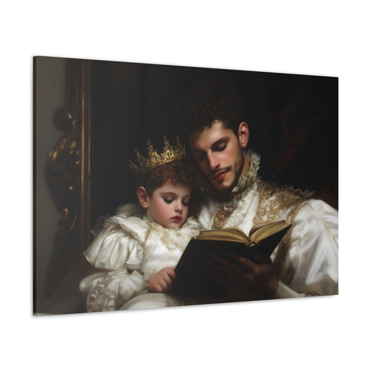 Horizontal-oriented wall art: A kingly father reads to his princely son, both adorned with crowns symbolizing the value of education. The painting features a magical realism style with whimsical elements, emphasizing the importance of knowledge and the bond between generations.