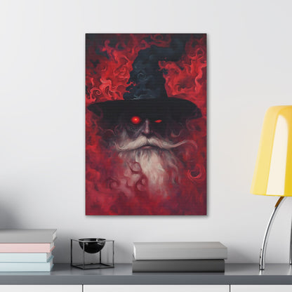 Vertical-oriented wall art: "The Wizard's Veil II" A mysterious wizard with glowing red eyes emerges from a swirling, crimson mist, his expression intense and otherworldly. The deep reds and intricate textures create an aura of magic and dark fantasy, drawing viewers into his enchanted realm.