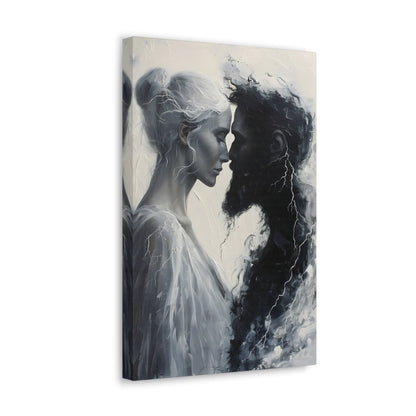 Vertical-oriented wall art: "Storm of Affection" from the Elysian Legends collection depicts Zeus and Hera in a surreal, tempestuous scene surrounded by swirling clouds and lightning, symbolizing their passionate and conflict-filled love. The dramatic lighting and ethereal elements enhance the divine and mythical atmosphere, drawing viewers into the epic narrative of these Greek gods.