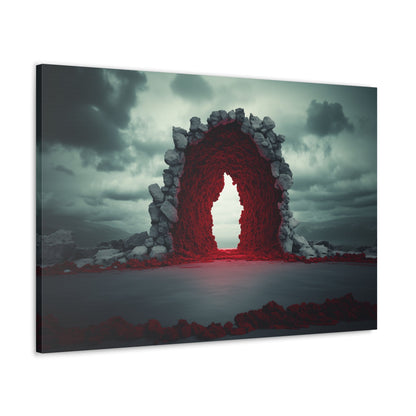 Horizontal-oriented wall art: "Portal of Possibilities" A glowing red portal framed by jagged stone stands in a barren landscape under a moody, overcast sky. The surreal scene evokes mystery and possibility, as if the gateway leads to another dimension.