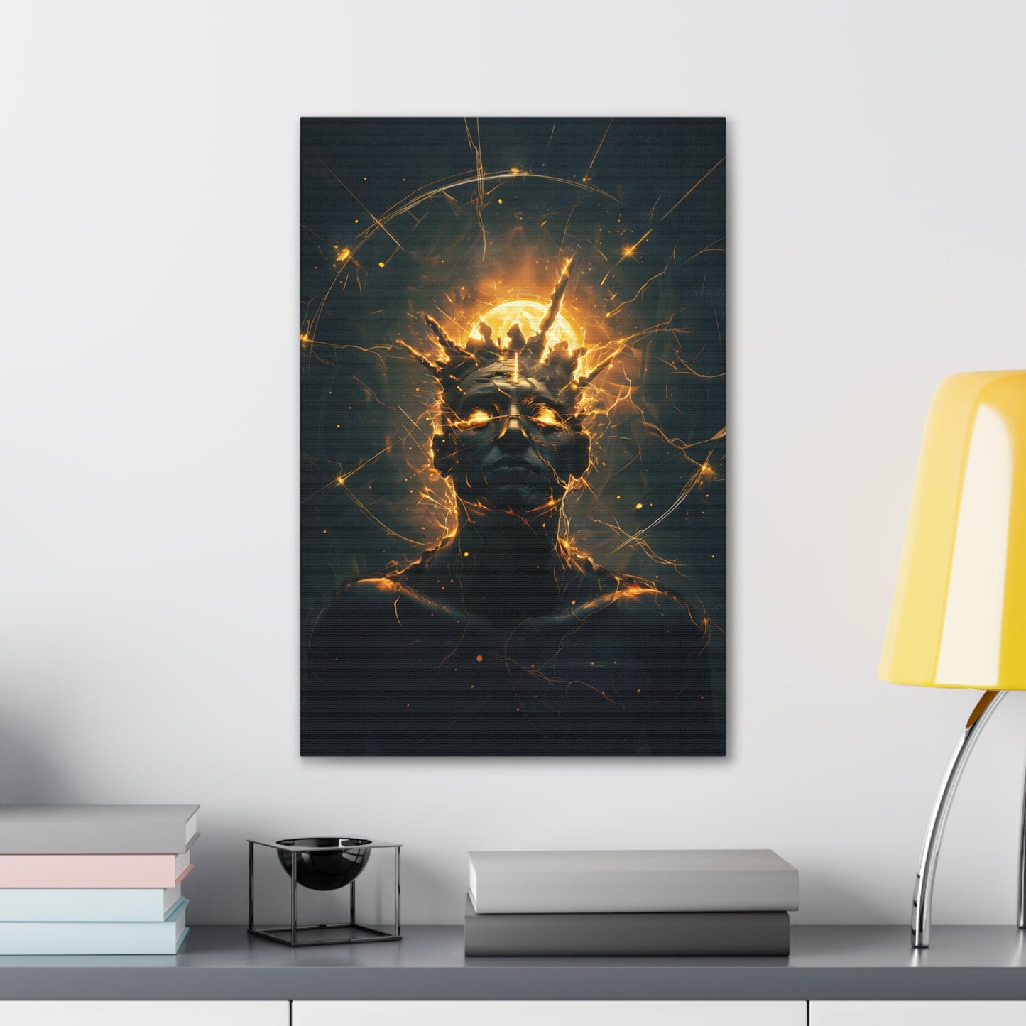 Vertical-oriented wall art: An undead mummified king stands regally in the desert sands, bathed in the warm golden light of the sun.