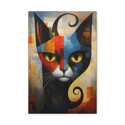 Vertical-oriented wall art: A vibrant cubist-style portrait of a cat, featuring a geometric composition with bold shapes and colors. The cat's eyes are bright yellow, set against a dynamic background of intersecting blocks in shades of red, blue, orange, and yellow.