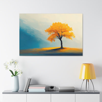 Horizontal-oriented wall art: Artwork titled Autumn’s Glow from the Ethereal Horizons collection, featuring a vibrant golden tree standing alone in a serene, misty landscape. The composition combines warm amber tones with soft teal hues, evoking tranquility and the timeless beauty of autumn.