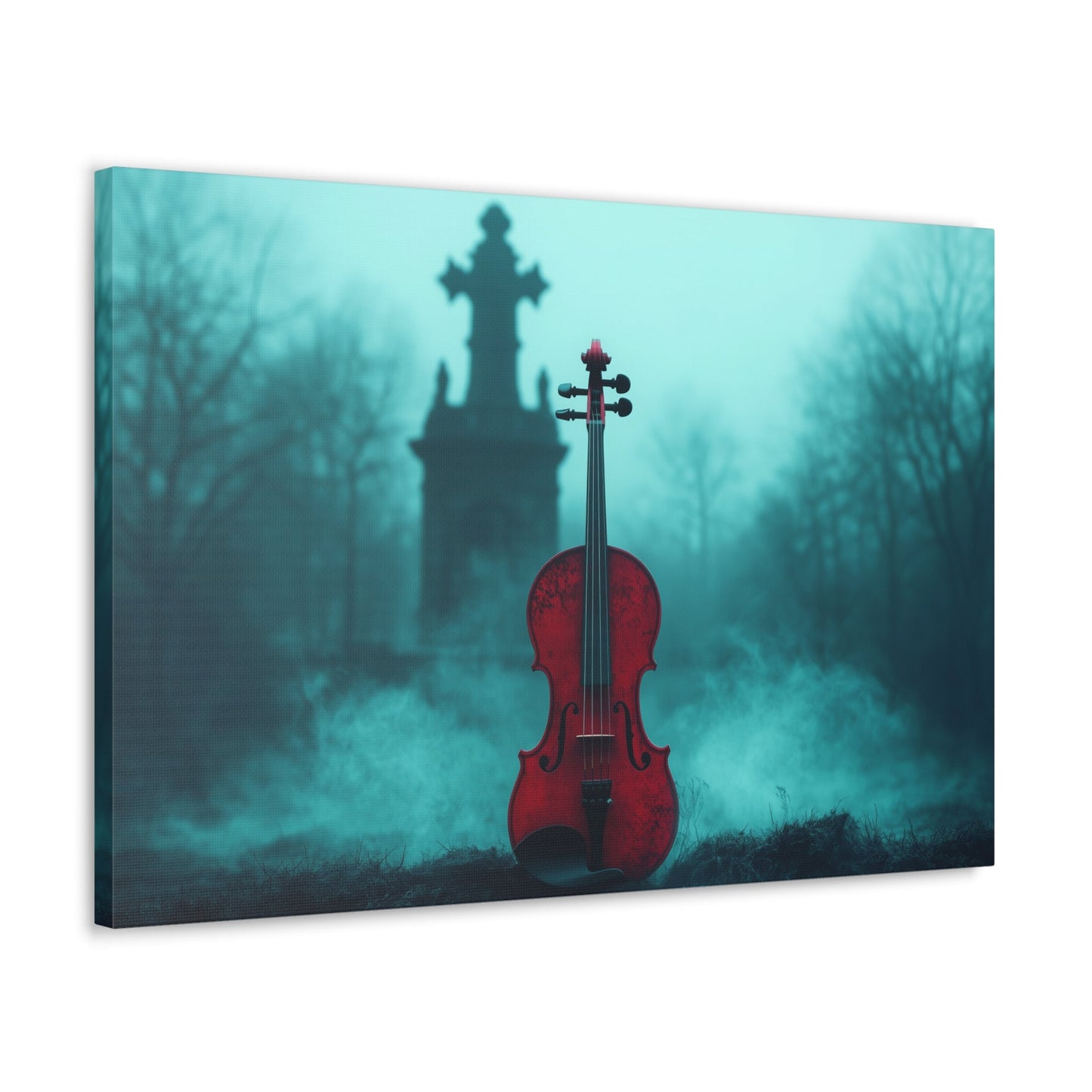 Horizontal-oriented wall art: "The Mourning Violin." A vivid red violin stands alone in a misty graveyard, framed by a dark, Gothic cross in the background. Diffused teal lighting and soft shadows create a haunting and melancholic atmosphere.