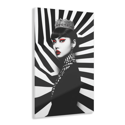 Vertical-oriented wall art: "Empress of Symmetry II" A striking portrait of an elegant Asian queen wearing a jeweled crown, set against a dynamic black-and-white geometric background with vivid red accents. This bold artwork combines regal sophistication with modern design, showcasing a captivating fusion of power and beauty.