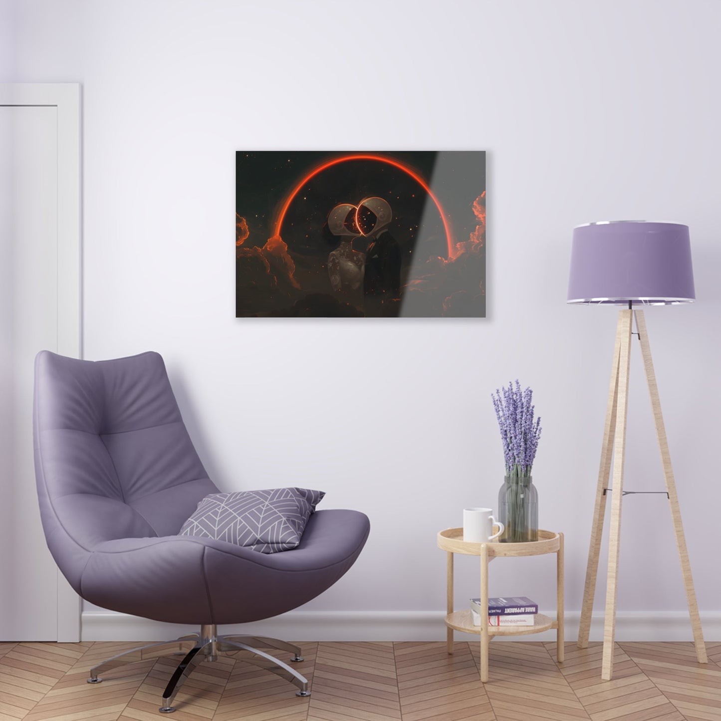 Horizontal-oriented wall art: Two astronauts, dressed in a tuxedo and a wedding dress, share a romantic kiss in space with their helmets forming a glowing heart shape. The dark, starry sky and the bright, orange-red halo create a whimsical and dreamy atmosphere.