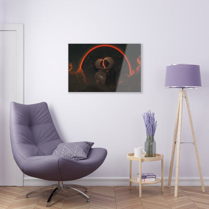 Horizontal-oriented wall art: Two astronauts, dressed in a tuxedo and a wedding dress, share a romantic kiss in space with their helmets forming a glowing heart shape. The dark, starry sky and the bright, orange-red halo create a whimsical and dreamy atmosphere.