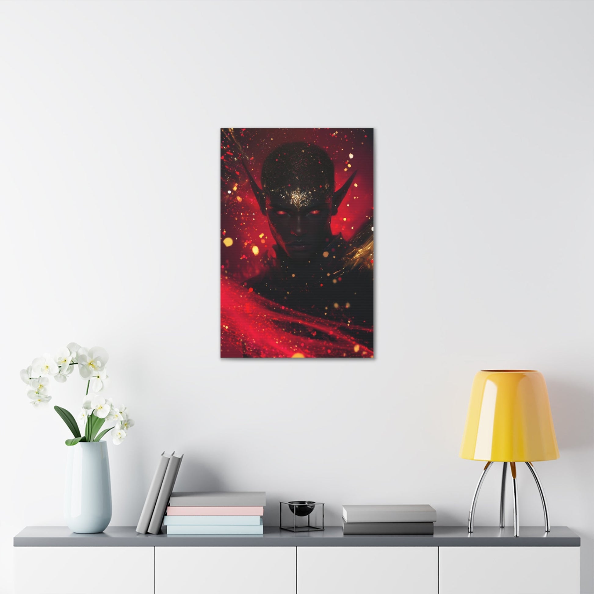 Horizontal-oriented wall art: "Obsidian Elegance" A striking portrait of a black elf with glowing red eyes and intricate gold accents adorning their forehead, set against a fiery background of vibrant red and gold hues. The artwork radiates an aura of power, mystery, and elegance, capturing the essence of ethereal beauty.