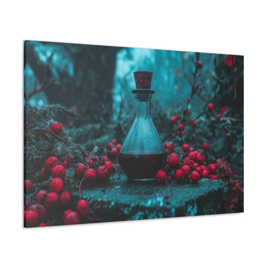 Horizontal-oriented wall art: "Essence of the Arcane" A photorealistic still life of a glass potion bottle filled with a dark liquid, surrounded by crimson berries on a moss-covered stone in a shadowy forest. The composition exudes gothic elegance, with rich textures and an enchanting, mysterious atmosphere.