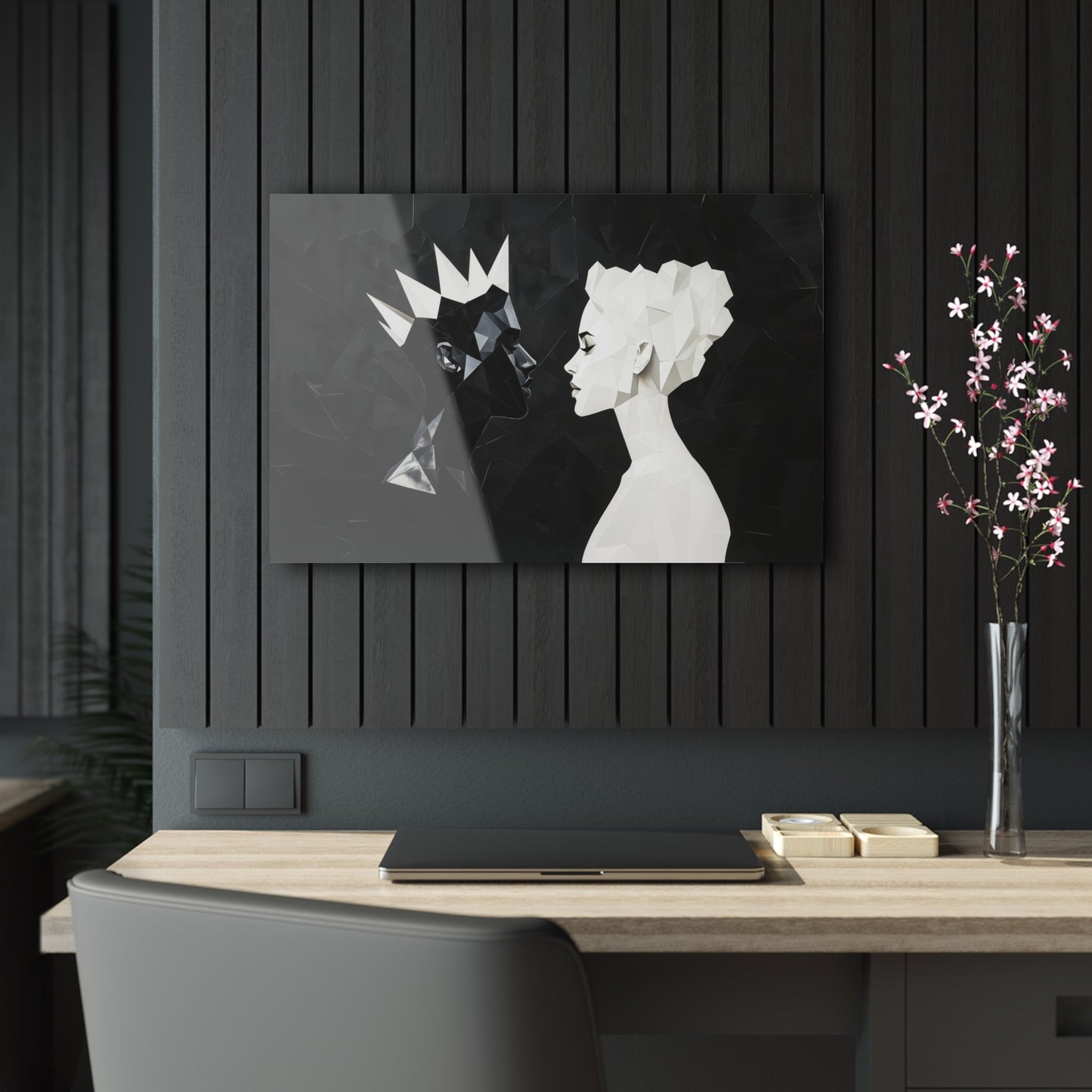 Horizontal-oriented wall art: "Kiss of Kings and Queens" A striking geometric artwork depicting an interracial couple, a Black king and a White queen, leaning in for an intimate moment, their fragmented profiles symbolizing unity and love. Bold black-and-white contrasts create a modern, abstract representation of harmony and diversity.