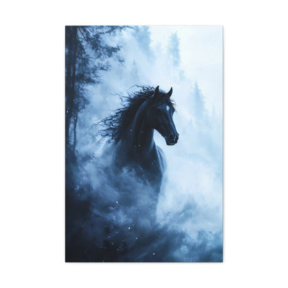 Vertical-oriented wall art: "Shadowed Stallion IV" A powerful black stallion charges through a misty forest, its mane flowing wildly as snow swirls around it. The contrast between the horse's dark figure and the soft, ethereal fog creates a striking, otherworldly scene.