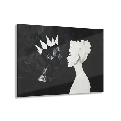 Horizontal-oriented wall art: "Kiss of Kings and Queens" A striking geometric artwork depicting an interracial couple, a Black king and a White queen, leaning in for an intimate moment, their fragmented profiles symbolizing unity and love. Bold black-and-white contrasts create a modern, abstract representation of harmony and diversity.