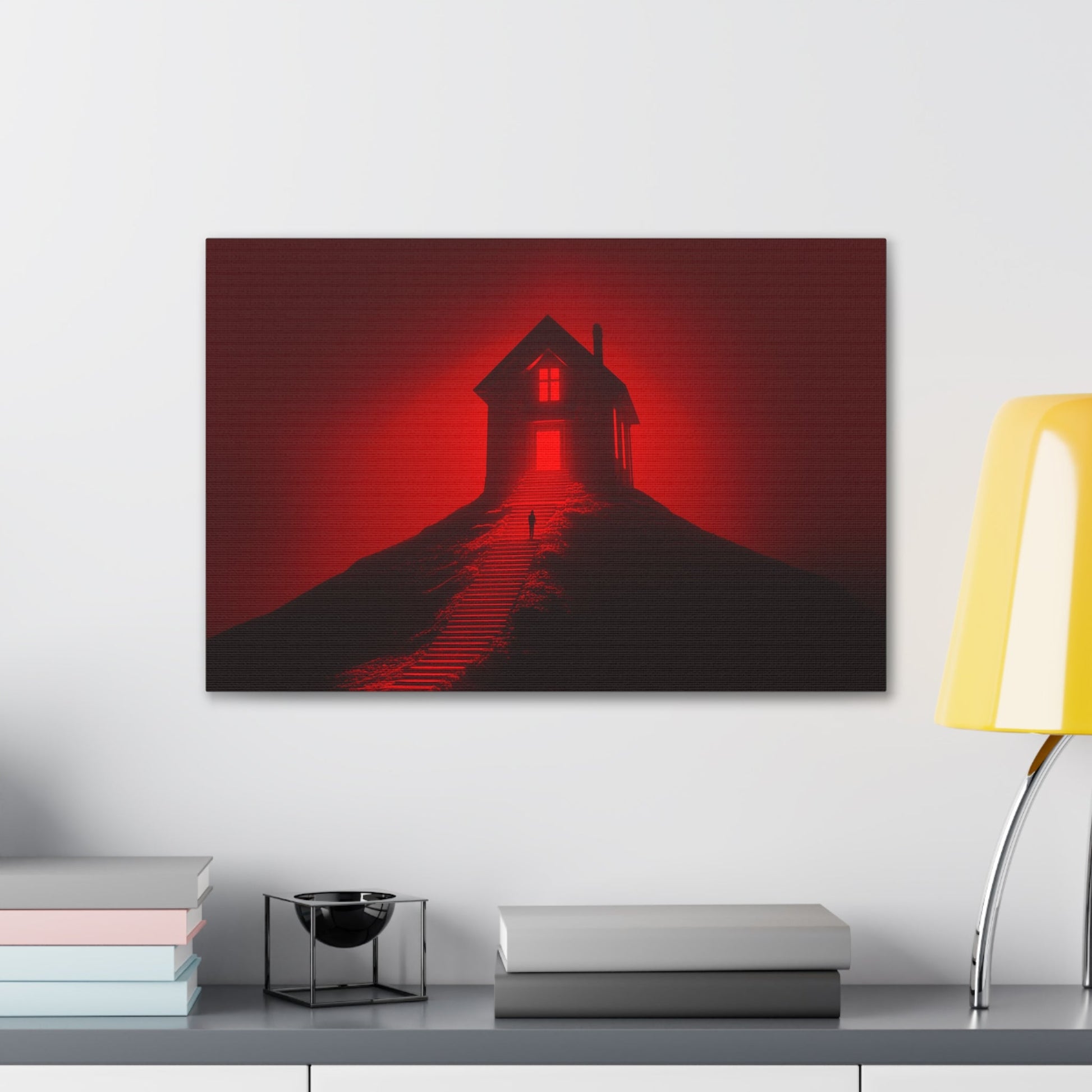 Horizontal-oriented wall art: Artwork titled Crimson Ascent from the Ruby Realms collection, featuring a glowing red house atop a hill with a solitary figure ascending a shadowed staircase. The piece creates an eerie and surreal atmosphere with its intense red glow and dramatic contrast.