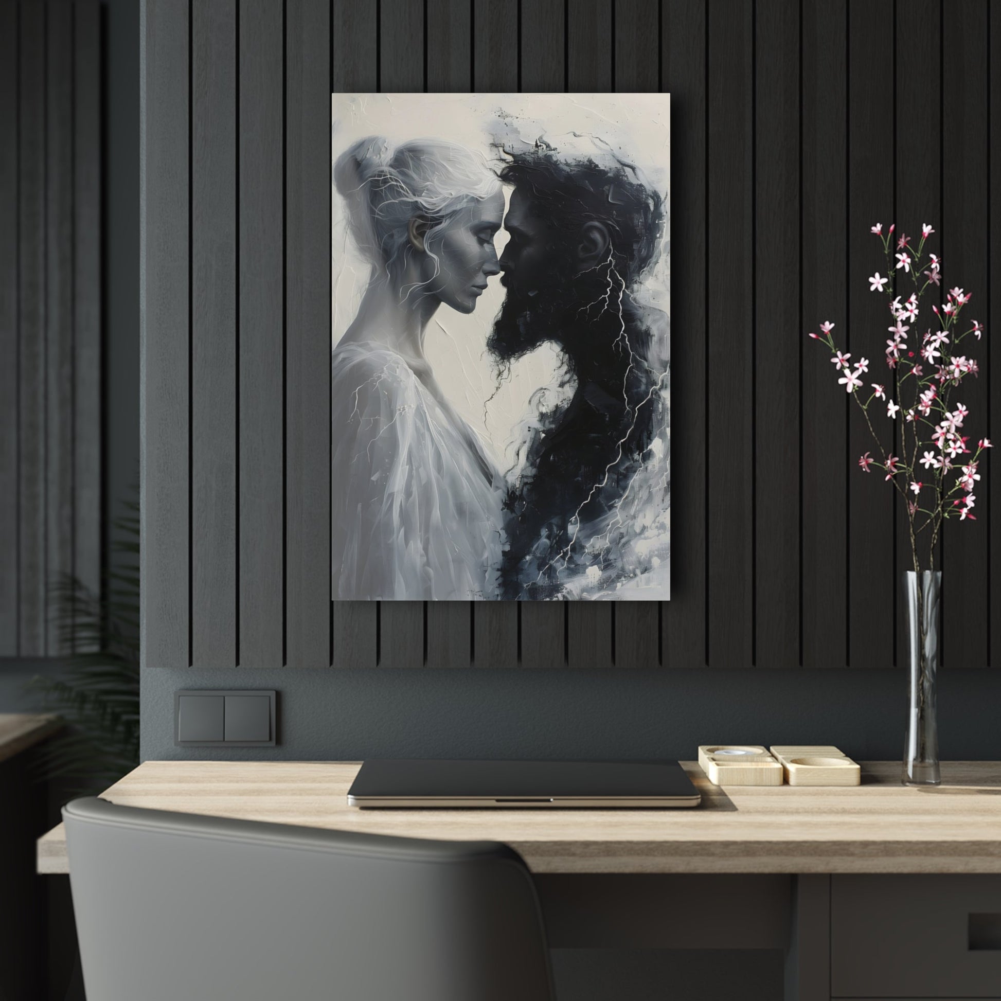 Vertical-oriented wall art: "Storm of Affection" from the Elysian Legends collection depicts Zeus and Hera in a surreal, tempestuous scene surrounded by swirling clouds and lightning, symbolizing their passionate and conflict-filled love. The dramatic lighting and ethereal elements enhance the divine and mythical atmosphere, drawing viewers into the epic narrative of these Greek gods.