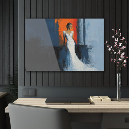 Horizontal-oriented wall art: "Ivory Vision." A poised woman stands gracefully in an ivory gown, illuminated by warm light against a vibrant orange and cool blue background. The palette knife painting technique enhances the textured details, evoking elegance and serenity.