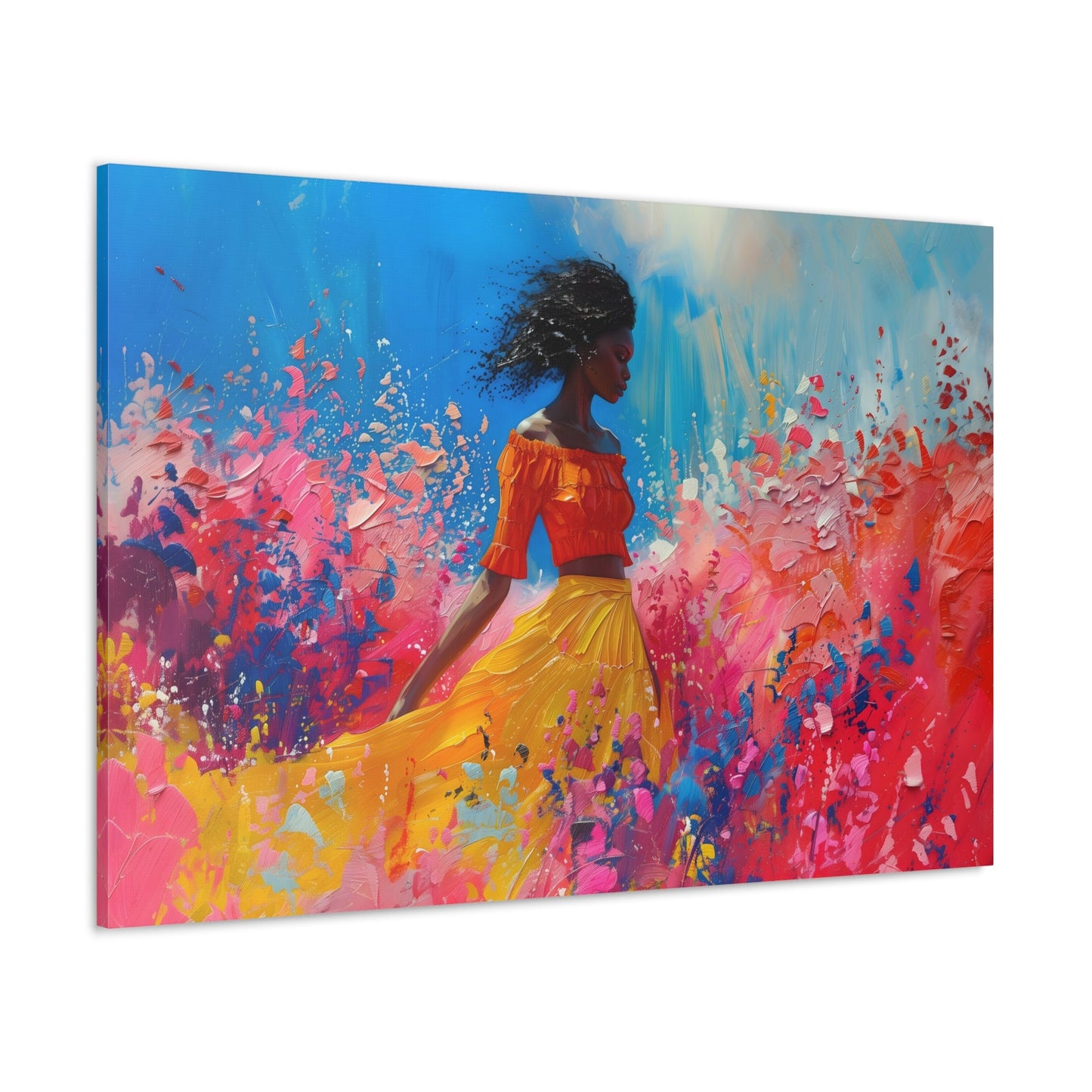 Horizontal-oriented artwork: An abstract palette knife oil painting featuring a woman walking through a colorful landscape of swirling paint splashes and vibrant hues.