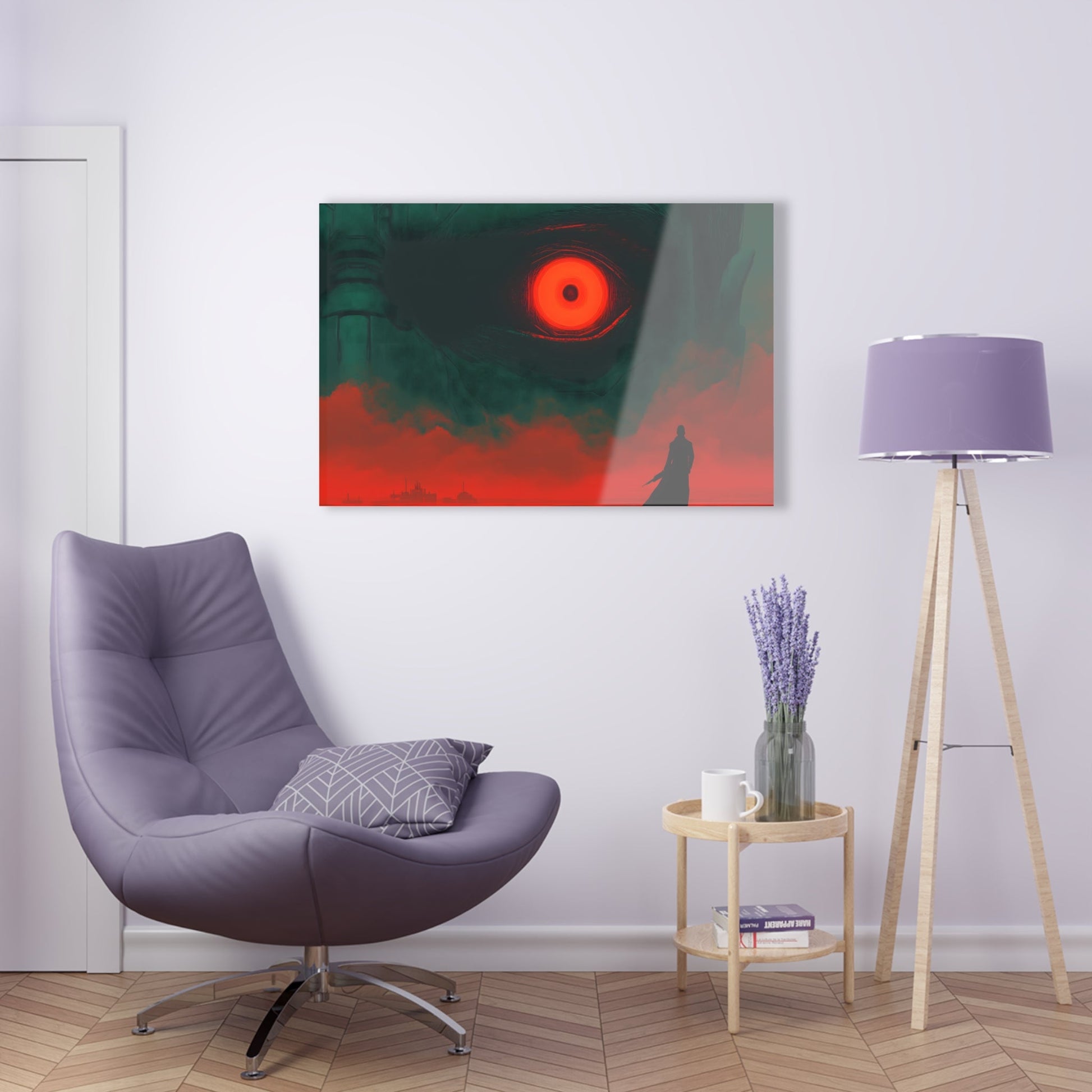 Horizontal-Oriented wall art: A lone hero stands before a massive, glowing red eye that dominates the dark, ominous landscape, symbolizing the looming threat of the final boss. The intense contrast of deep greens and fiery reds heightens the tension, capturing the moment before an epic battle.