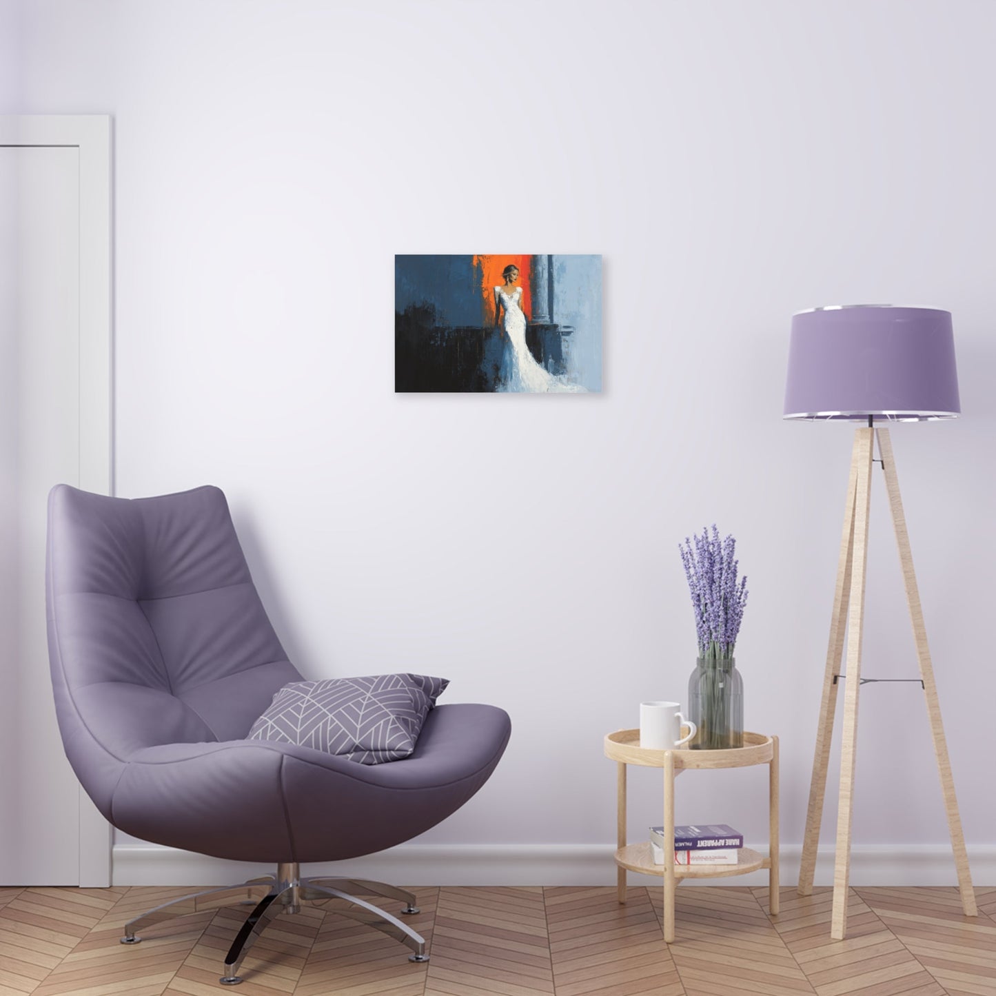 Horizontal-oriented wall art: "Ivory Vision." A poised woman stands gracefully in an ivory gown, illuminated by warm light against a vibrant orange and cool blue background. The palette knife painting technique enhances the textured details, evoking elegance and serenity.