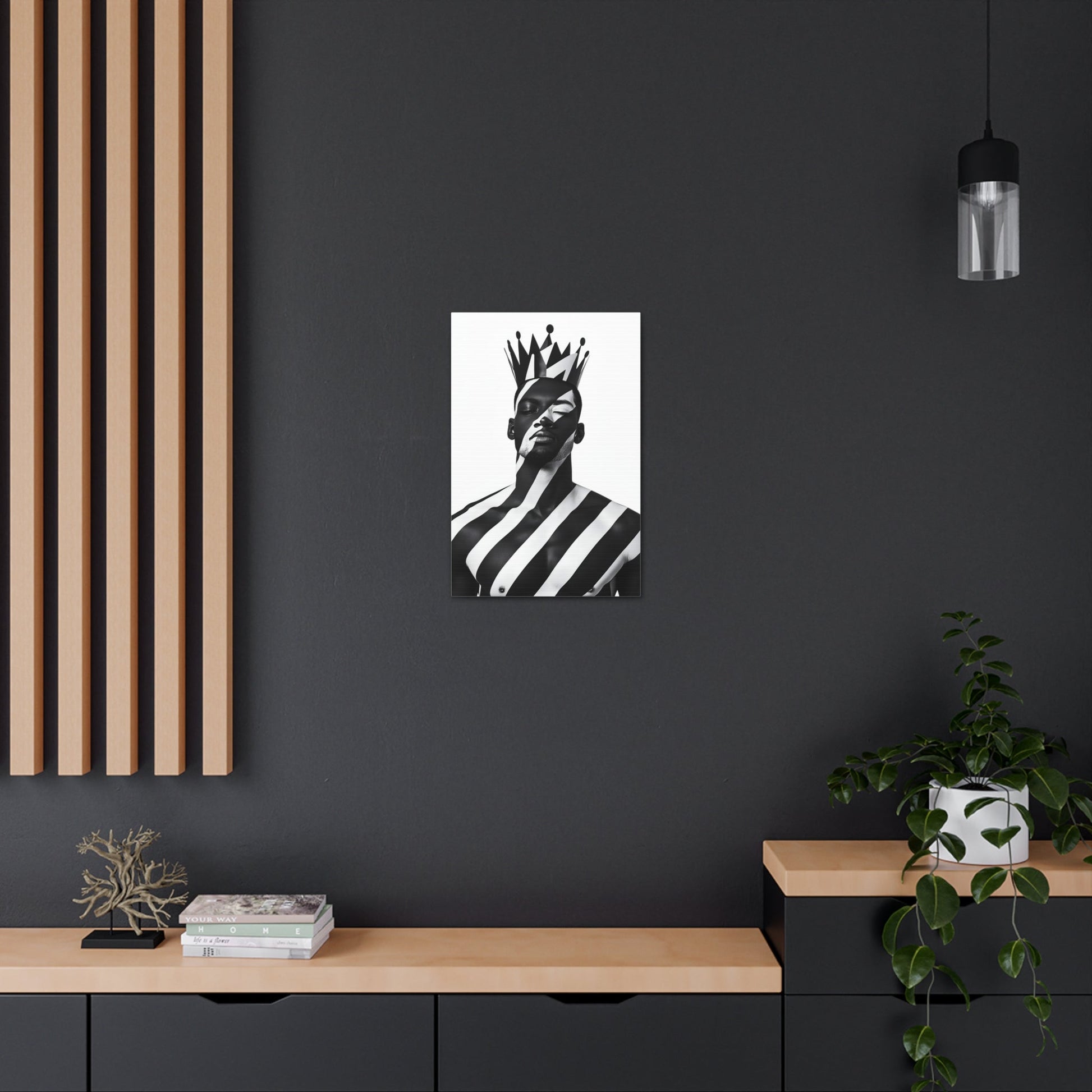 Vertical-oriented wall art: "Crown of Dignity II" A regal portrait of a man wearing a bold, geometric crown, with black and white stripes painted across his face and body. The minimalist composition emphasizes strength, elegance, and cultural pride in a modern, abstract style.