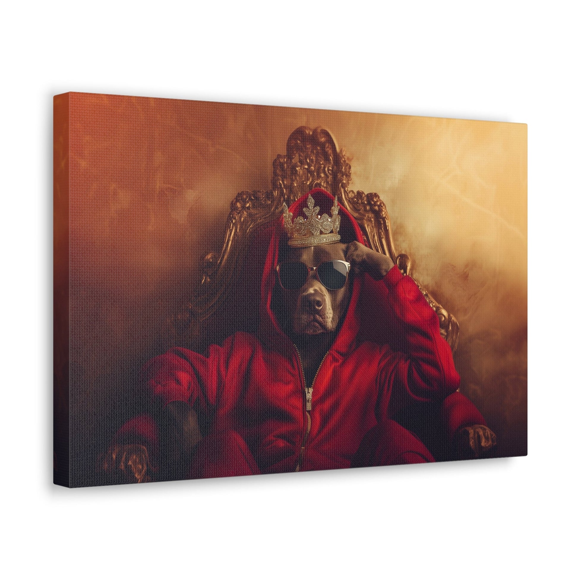 Horizontal-oriented wall art: "Crowned Companion" A regal dog sits on an ornate golden throne wearing a crown, sunglasses, and a red hoodie, exuding confidence and charm. This playful artwork combines luxury with a modern twist, celebrating the noble spirit of pets.