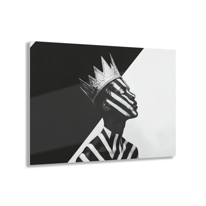 Horizontal-oriented wall art: "Crown of Dignity V" A black-and-white abstract portrait of a Black man wearing a metallic crown, his face and body adorned with bold, geometric stripes. The striking contrast and minimalist design emphasize his regal presence and dignified expression against a stark background.