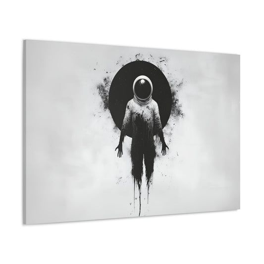 Horizontal-oriented wall art: "Cosmic Remains V" A solitary astronaut figure appears to dissolve into a black void, surrounded by abstract cosmic dust against a stark white background. The monochrome composition conveys a haunting sense of isolation and existential dread, with the astronaut’s form fading into darkness.