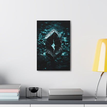 Vertical-oriented wall art: "Fractured Veil II" A glowing, fractured stone with jagged teal cracks sits amid a dark, rocky terrain, radiating an otherworldly light. The hyperreal textures and eerie illumination evoke a sense of mystery and untapped cosmic power.