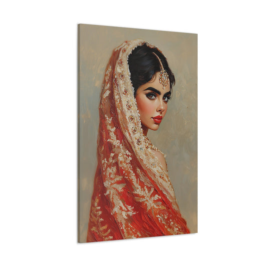 Vertical-oriented wall art: "Radiance of Rani." A portrait of an elegant Indian woman in intricate jewelry and a crimson embroidered dupatta, gazing backward with confidence. Warm lighting and textured brushstrokes create a regal and timeless atmosphere.