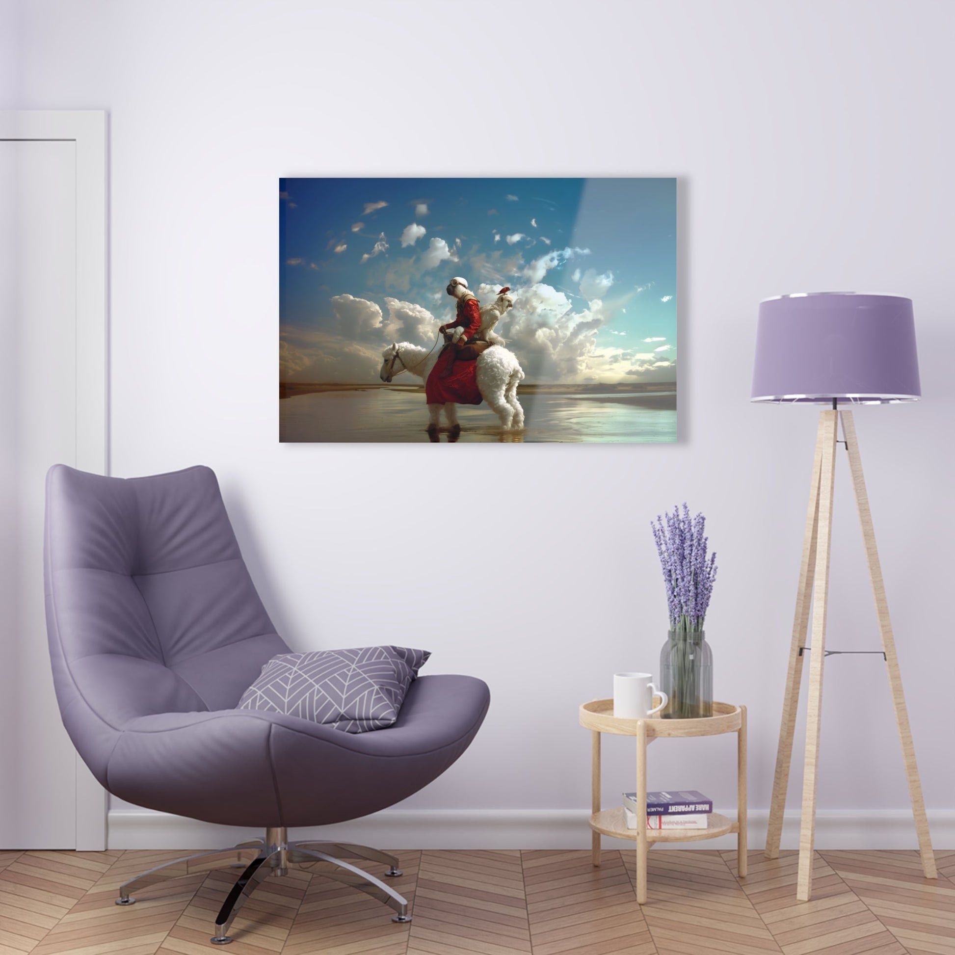 Horizontal-oriented wall art: A surreal photorealistic artwork featuring a monkey dressed in a red top and brown boots riding a white alpaca through shallow water in the desert. The monkey is accompanied by a red bird and a white parrot, all under a cloudy blue sky.