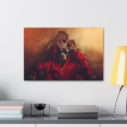 Horizontal-oriented wall art: "Crowned Companion" A regal dog sits on an ornate golden throne wearing a crown, sunglasses, and a red hoodie, exuding confidence and charm. This playful artwork combines luxury with a modern twist, celebrating the noble spirit of pets.